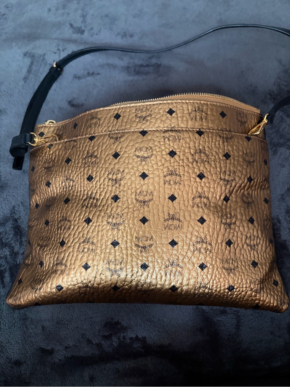MCM Metallic Gold Crossbody Bag with Brown Strap